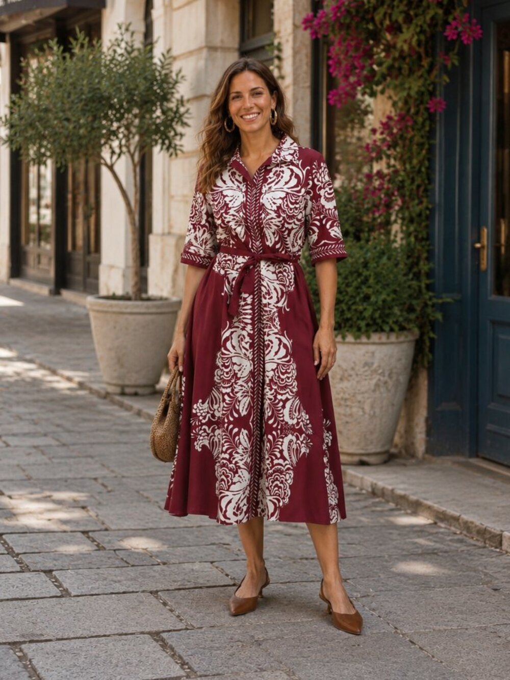 SPIGHE DI LINO Made In Italy Three-quarter Sleeve Border Print Maxi Dress